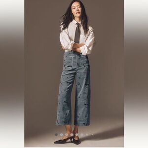 Maeve Collette Wide Leg Embroidered Corduroy Crop Pants - Steel Blue/Gray - 28